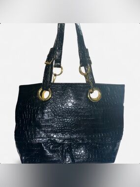 Braciano Black Croc-Embossed Tote with Gold Rings